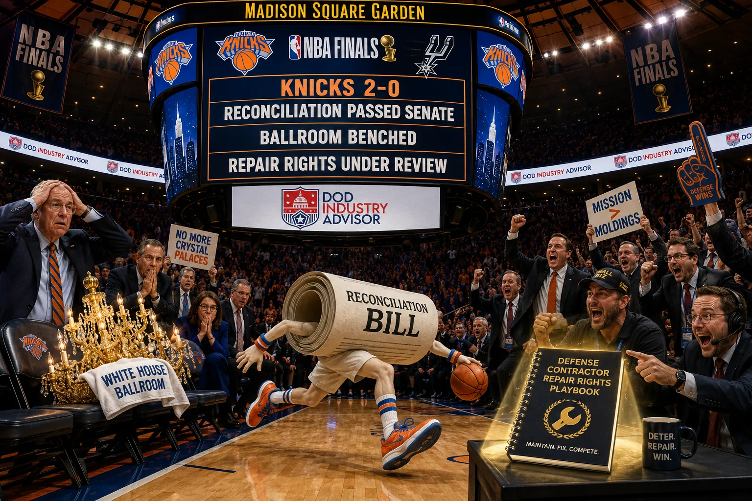 A Madison Square Garden-style scoreboard showing Knicks up 2-0, reconciliation advancing, ballroom money benched, and right-to-repair under review