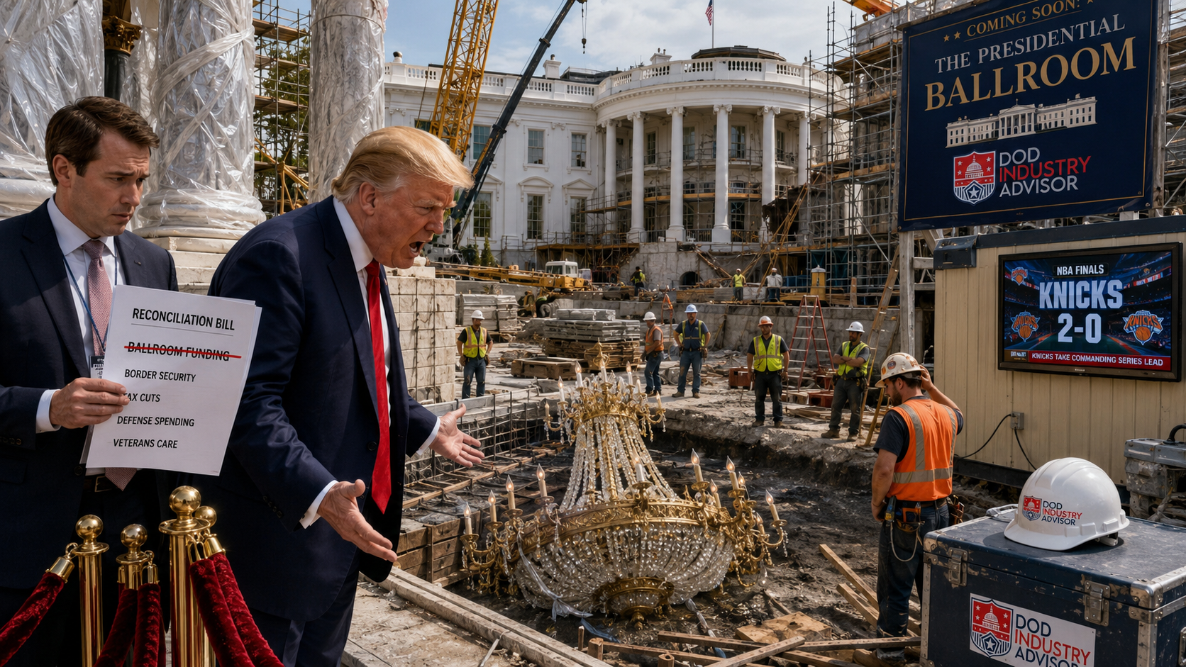 President Trump angry at an unfinished White House ballroom construction site after ballroom funding is cut from reconciliation