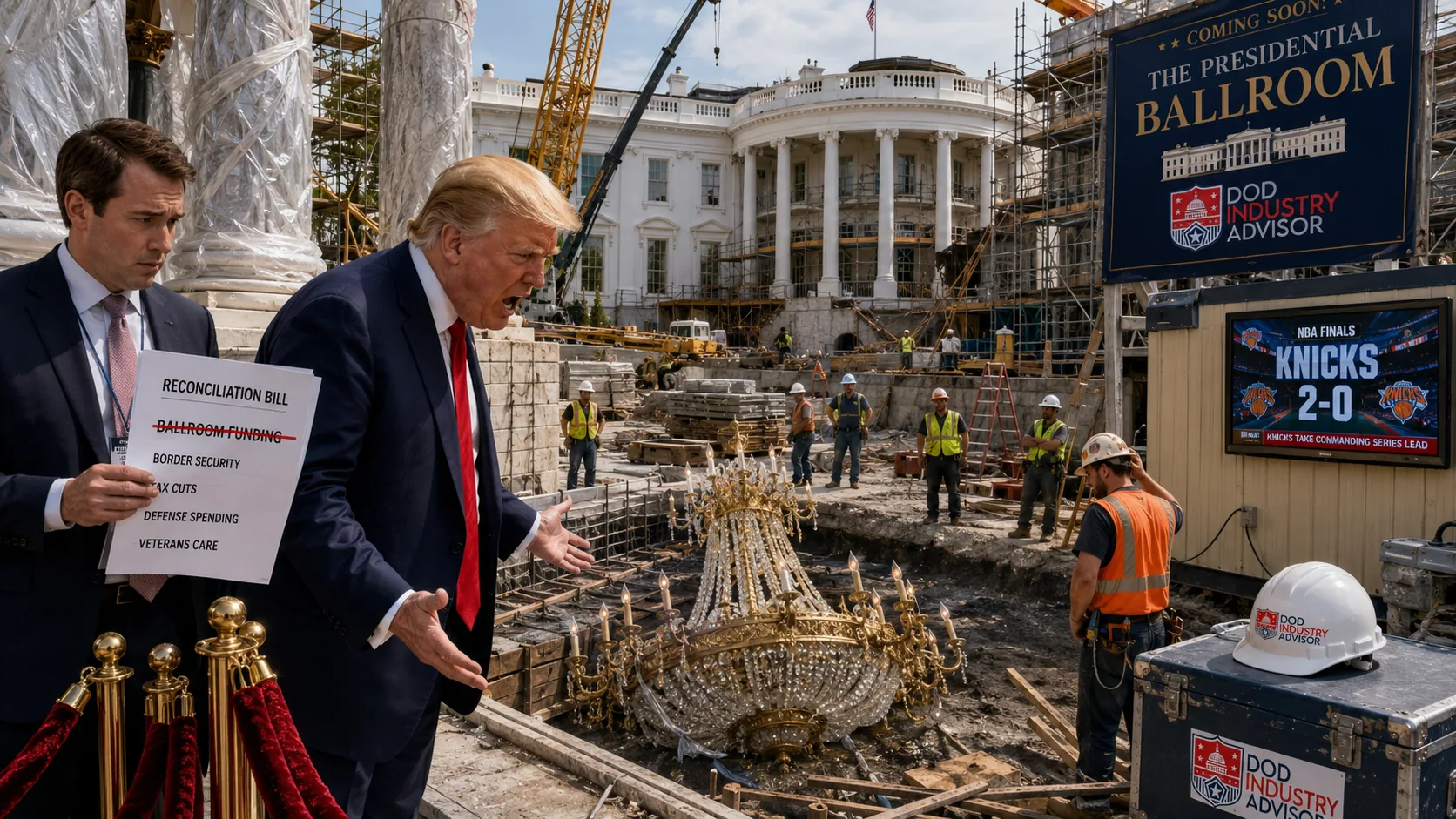 President Trump angry at an unfinished White House ballroom construction site after ballroom funding is cut from reconciliation