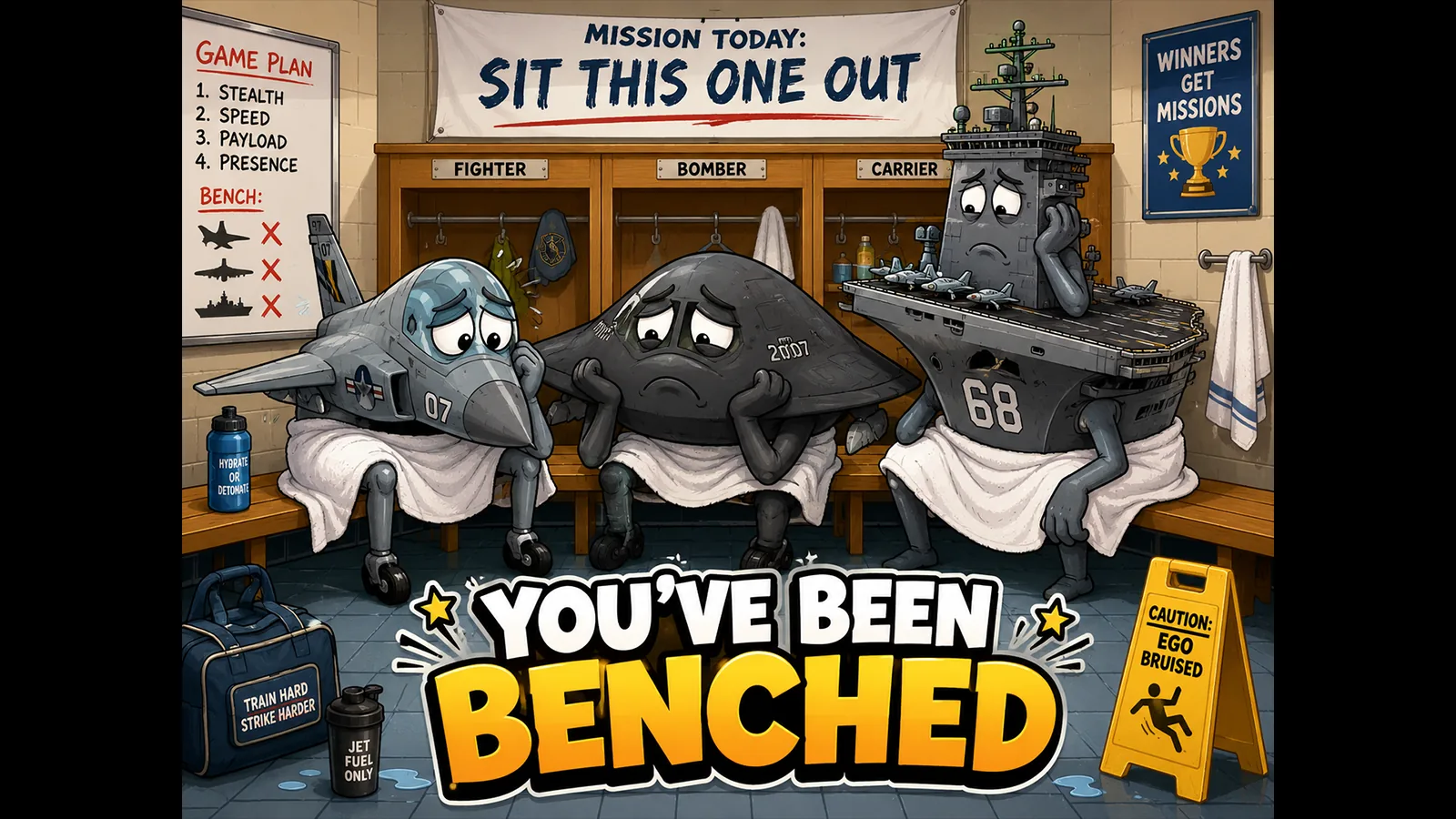 A single small generic subcontractor figure sitting alone at the far end of a long bench, looking up at a distant scoreboard, unsure whether the game is over