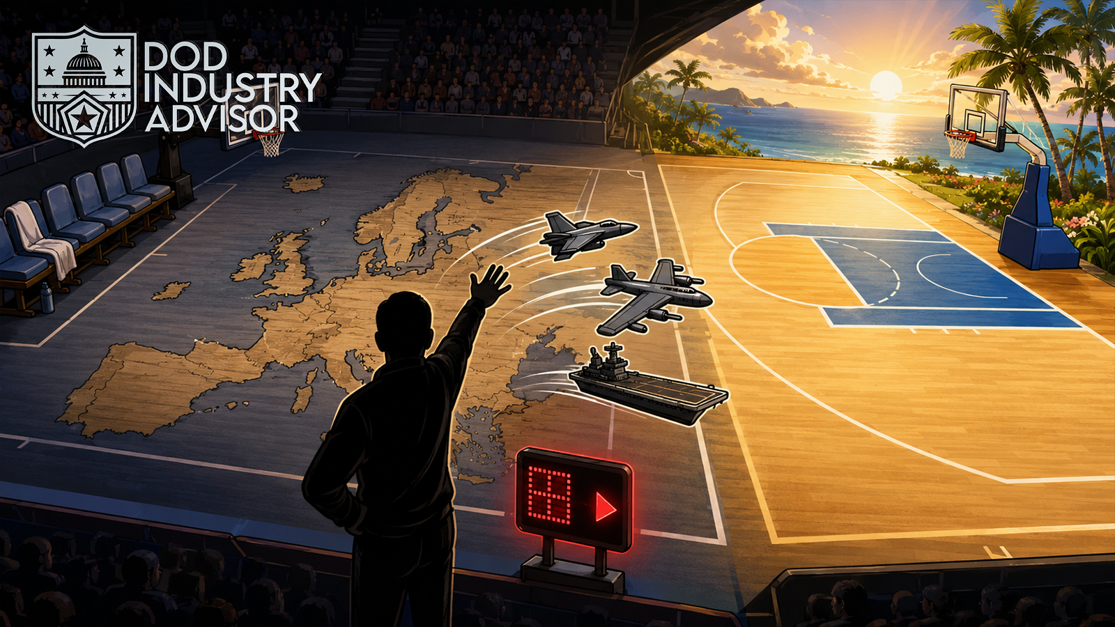 A coach figure waving generic logo-less bombers, fighters, and a destroyer off a basketball court shaped like the map of Europe and toward a second court labeled PACIFIC