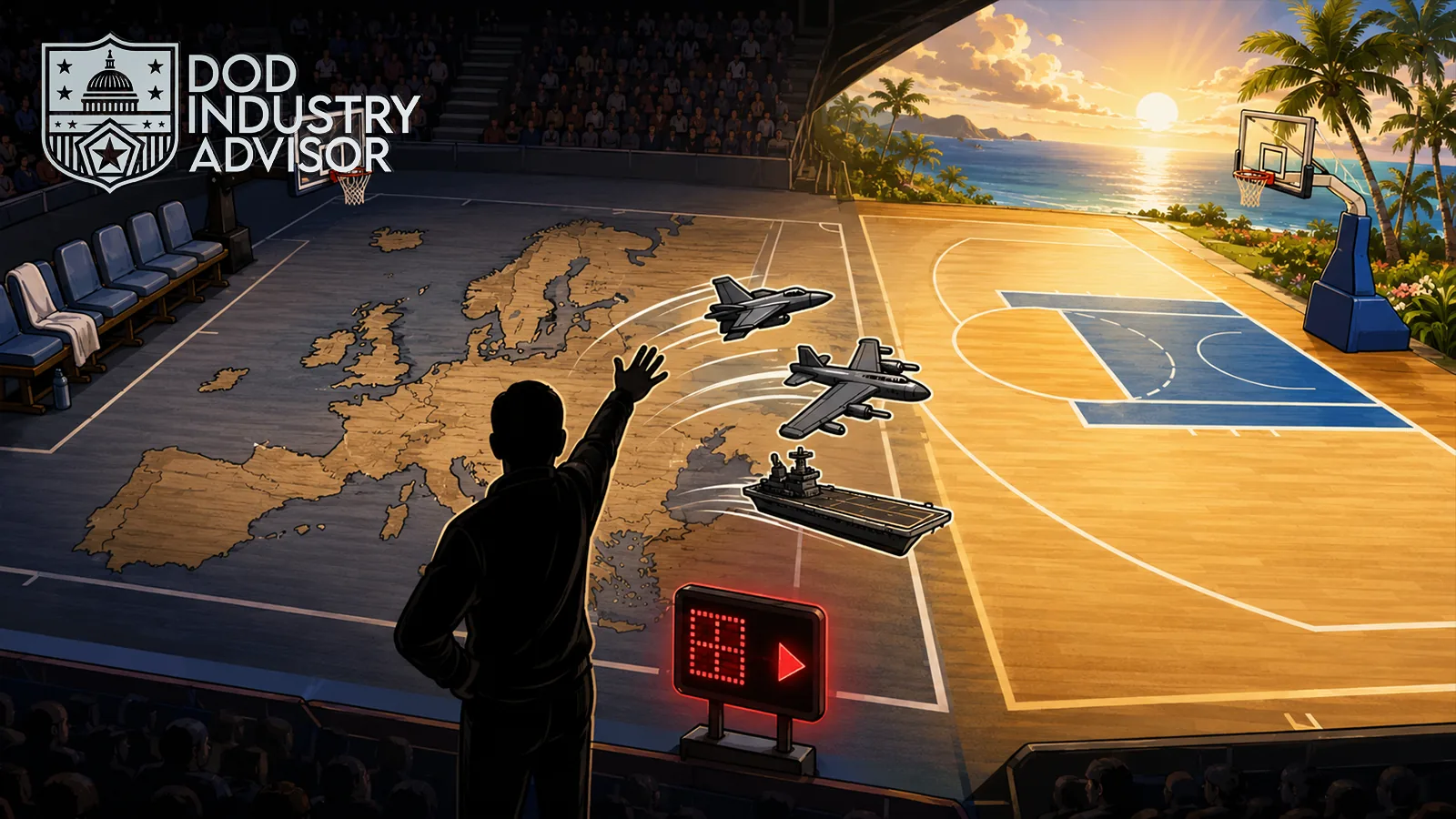 A coach figure waving generic logo-less bombers, fighters, and a destroyer off a basketball court shaped like the map of Europe and toward a second court labeled PACIFIC